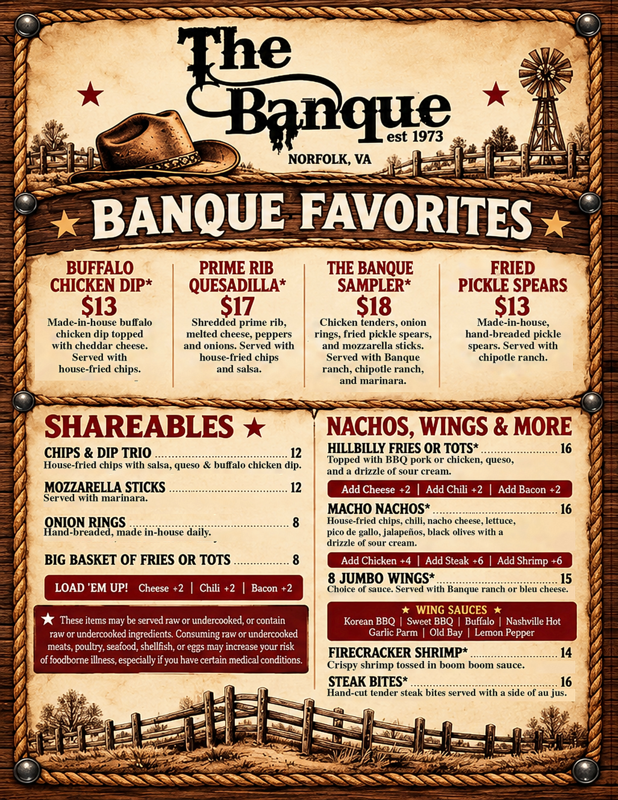 The Banque food menu — favorites, shareables, nachos and wings