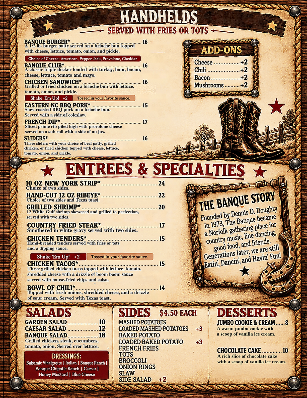The Banque food menu — handhelds, entrées, salads, sides and desserts